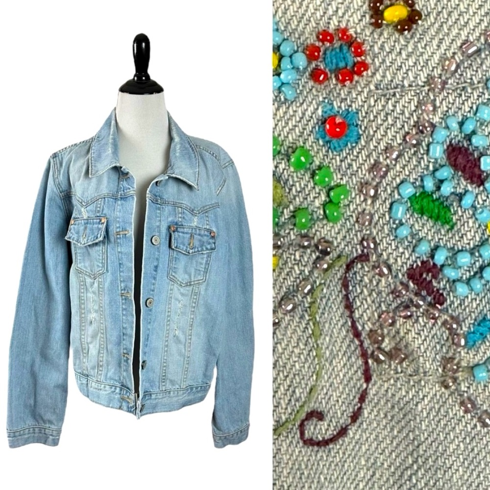 Vintage Y2K Old Navy Bohemian Beaded Denim Jean Jacket Women’s XXL Light Wash
